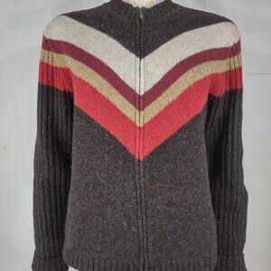 American Eagle brown red ivory chevron 100% Wool full zip cardigan ladies Large